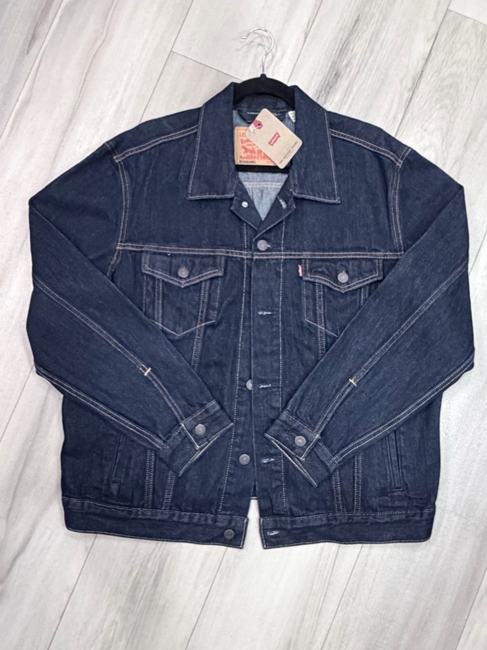 Levi's Dark Indigo Denim Jacket with Tan Leather Patch NWT